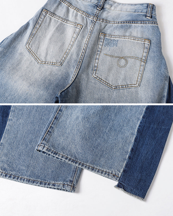 Spring Contrast Panel Wide-Leg Denim Jeans