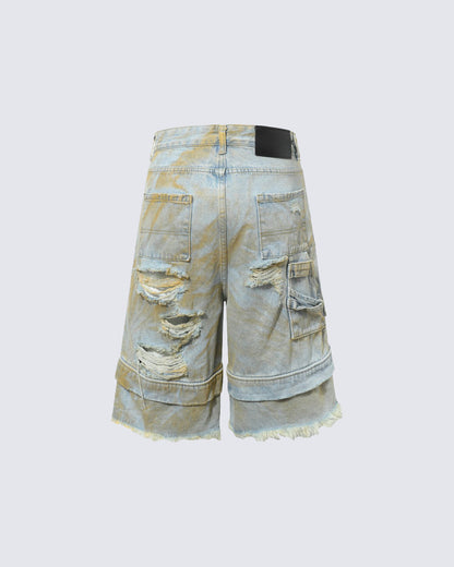 Layered Distressed Raw Hem Denim Shorts