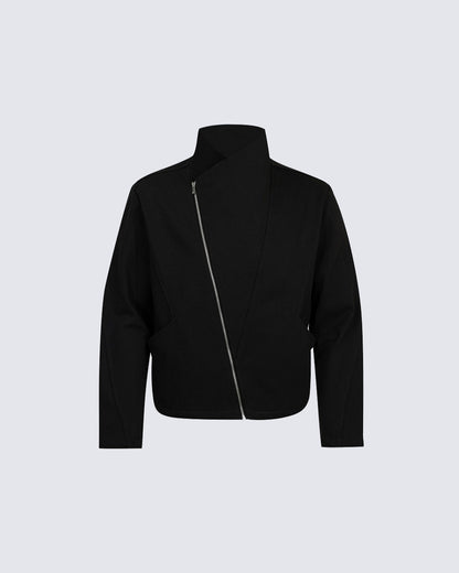Minimalist Asymmetric Zip Stand Collar Jacket
