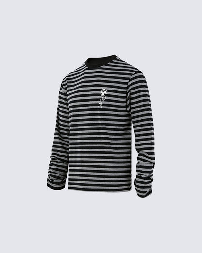 Subculture Cross Embroidered Striped Long Sleeve