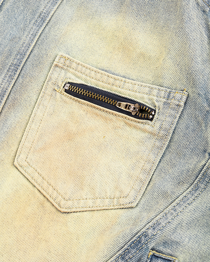 Vintage Wash Denim Jacket with Zipper Pockets
