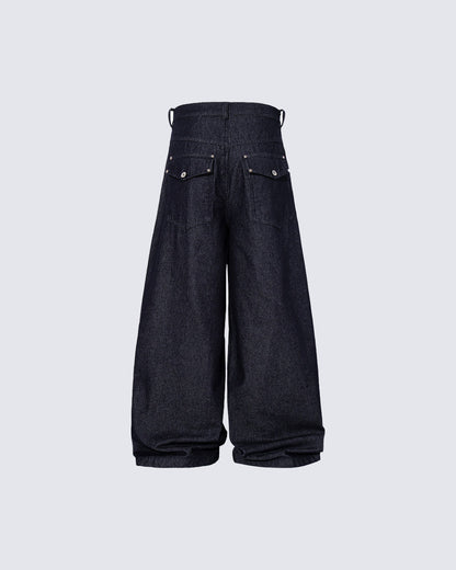 Dark Indigo Button Front Wide Denim Pants