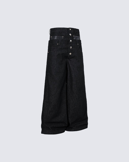 Rivet Patchwork Leather Panel Denim Pants