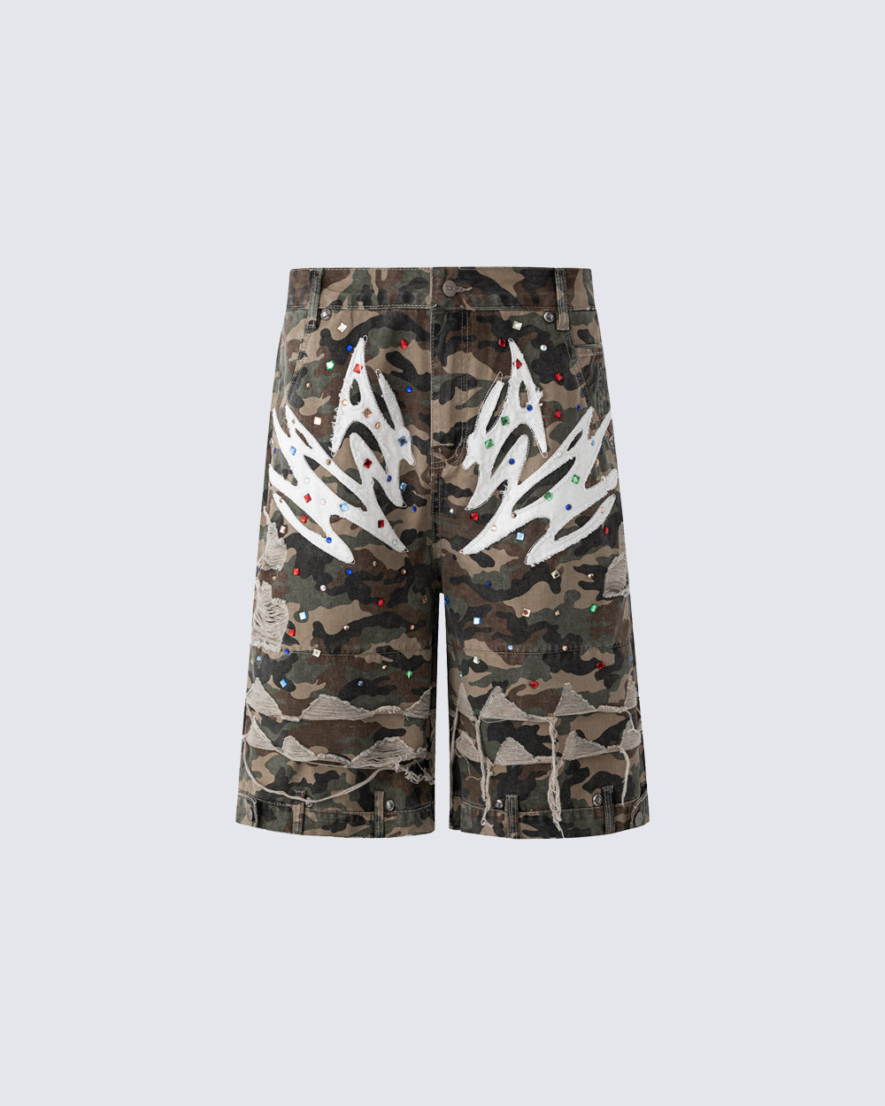 Camo Print Distressed Cargo Shorts