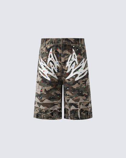 Camo Print Distressed Cargo Shorts