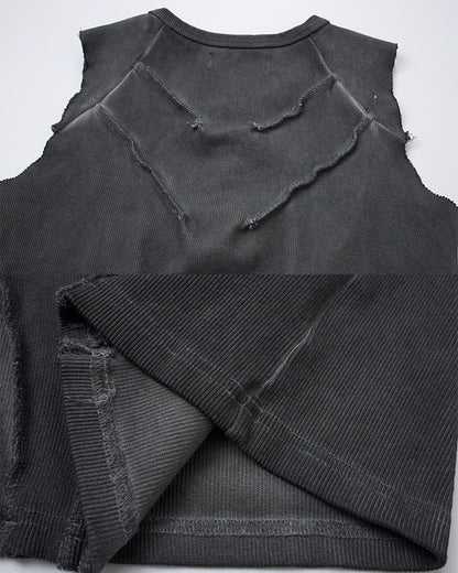 Dark Washed Distressed Sleeveless Ribbed Tank Top