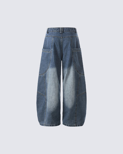 Washed Panel Design Loose Fit Denim Pants
