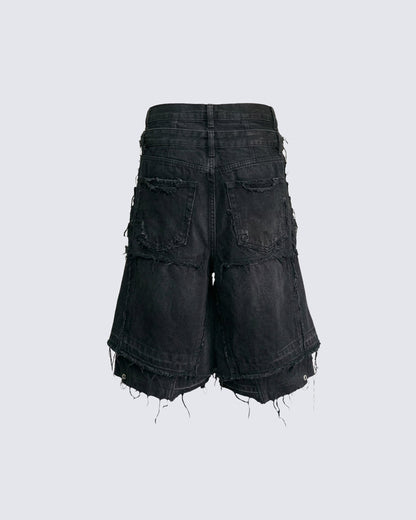 New Raw Hem Ripped Black Jean Shorts