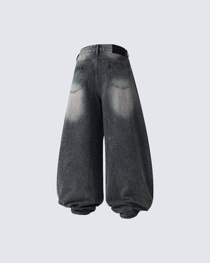 Washed Rhinestone Balloon Leg Jeans