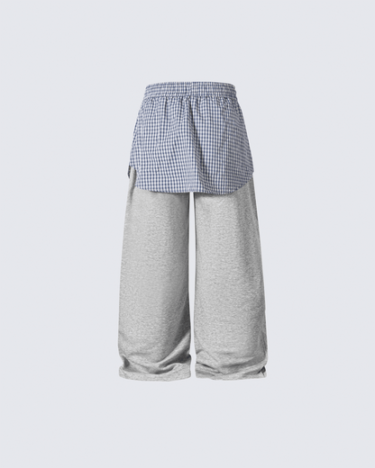 Plaid Shirt-Waist Wide-Leg Sweatpants