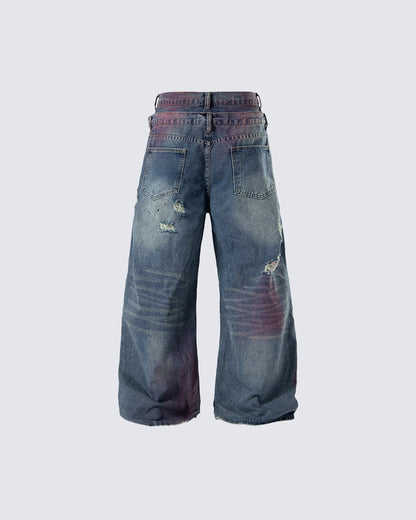 New Double Waist Spray Distressed Jeans