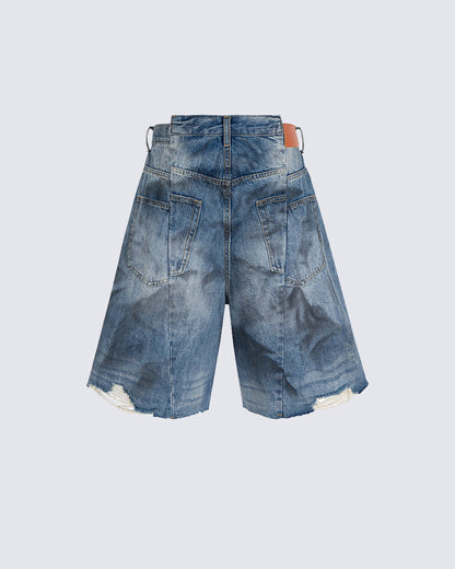 Distressed Crinkled Irregular Knee-Length Denim Shorts