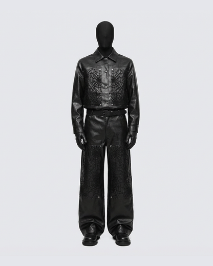 Faux Leather Jacket with Spiderweb Panels