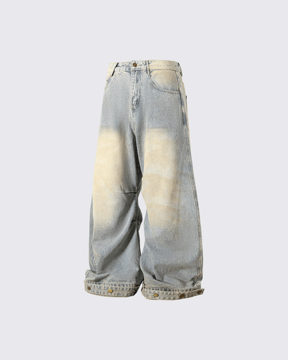 Wide-Leg Denim Jeans with Buttoned Hem