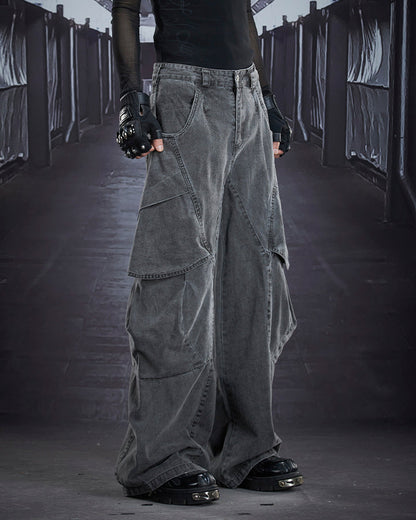 Distressed Panel Wide-Leg Denim Pants