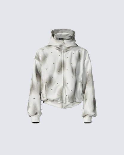 Pearl-Detailed Dirty Wash Zip Hoodie Jacket