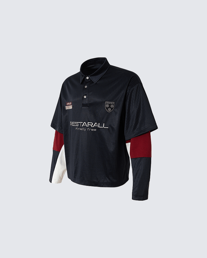 Colorblock Patchwork Polo Collar Long Sleeve T-Shirt