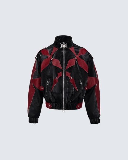 Black and Red Crocodile-Patterned Leather Patchwork Jacket