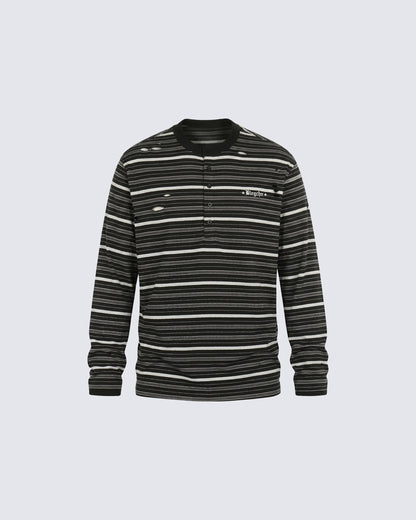 Vintage Contrast Stripe Button Long Sleeve T-Shirt