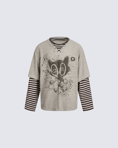 Layered Graphic Ribbed Long Sleeve T-Shirt