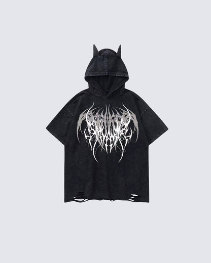 Gothic Hooded Skull Print T-shirt