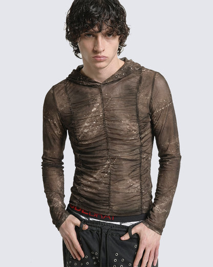 New Ruched Sheer Hooded Mesh Top