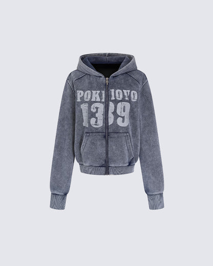 American Street Distressed Print Zip-Up Hoodie