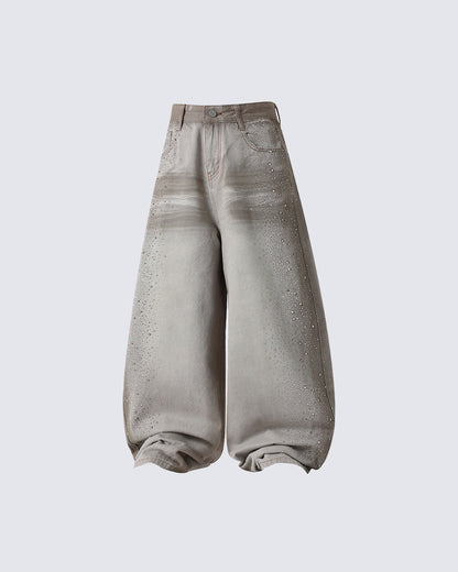 Khaki Washed Rhinestone Balloon Leg Jeans