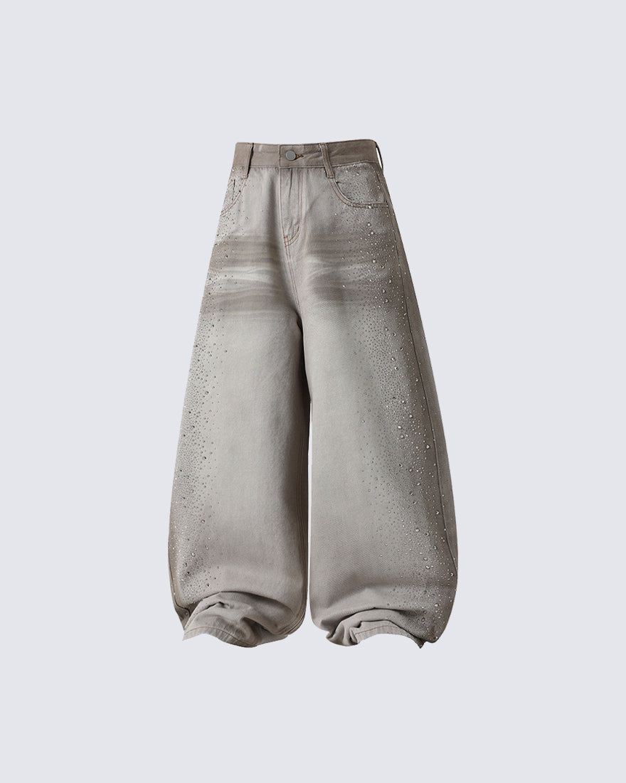 Khaki Washed Rhinestone Balloon Leg Jeans