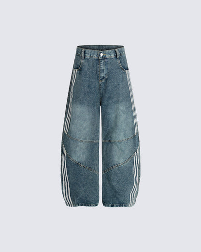 Striped Panel Wide-Leg Denim Pants
