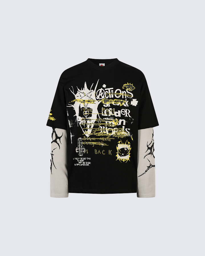 Layered Sleeve Grunge Graphic Long Sleeve T-Shirt