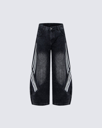Striped Panel Washed Denim Pants