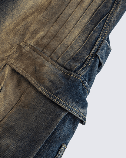 Faded Cargo Wide-Leg Denim Pants