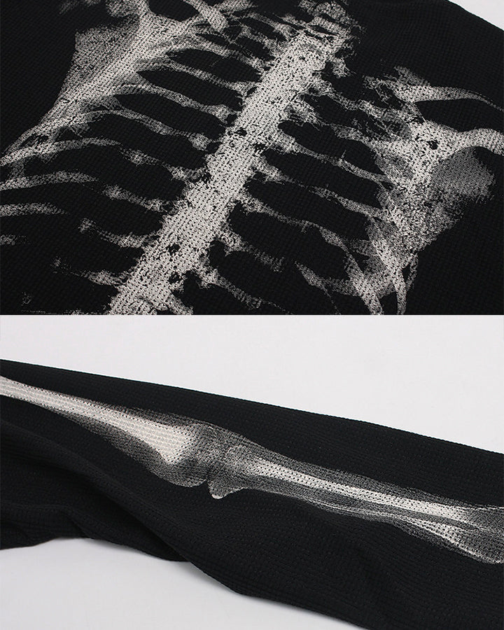 KIIKIO Skull Print Waffle Long Sleeve T-Shirt