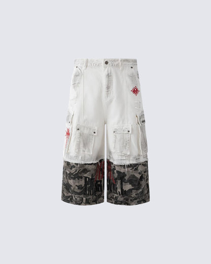 New Patchwork Camo Denim Cargo Shorts