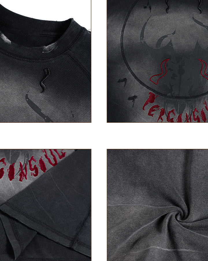 Dark Washed Distressed Graphic Short Sleeve T-Shirt