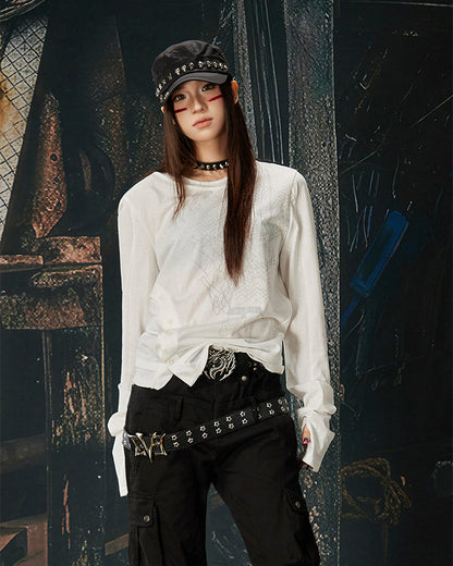 American Skeleton Texture Layered Long T-Shirt