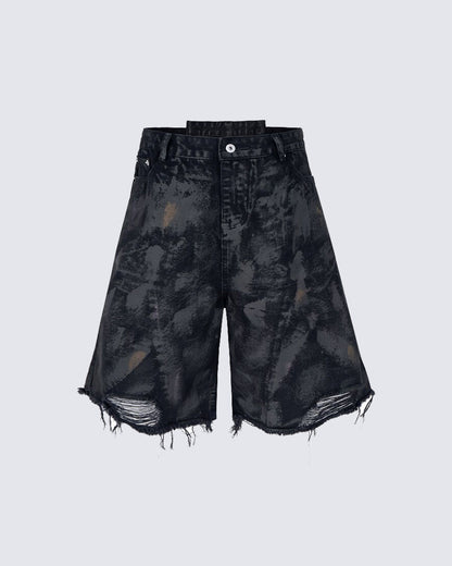 Distressed Crinkled Irregular Knee-Length Denim Shorts