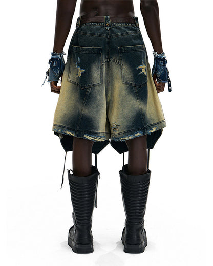 Dark Washed Deconstructed Lace-Up Denim Shorts