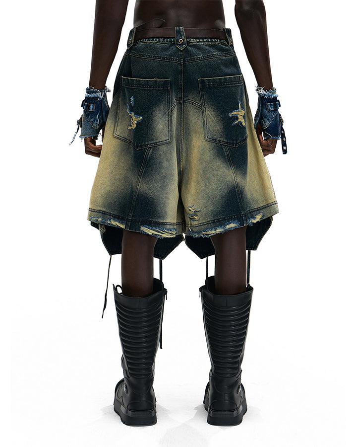 Dark Washed Deconstructed Lace-Up Denim Shorts