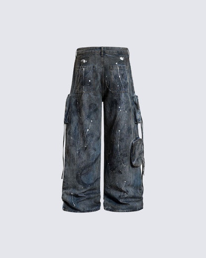Paint Splatter Cargo Wide Leg Denim Pants