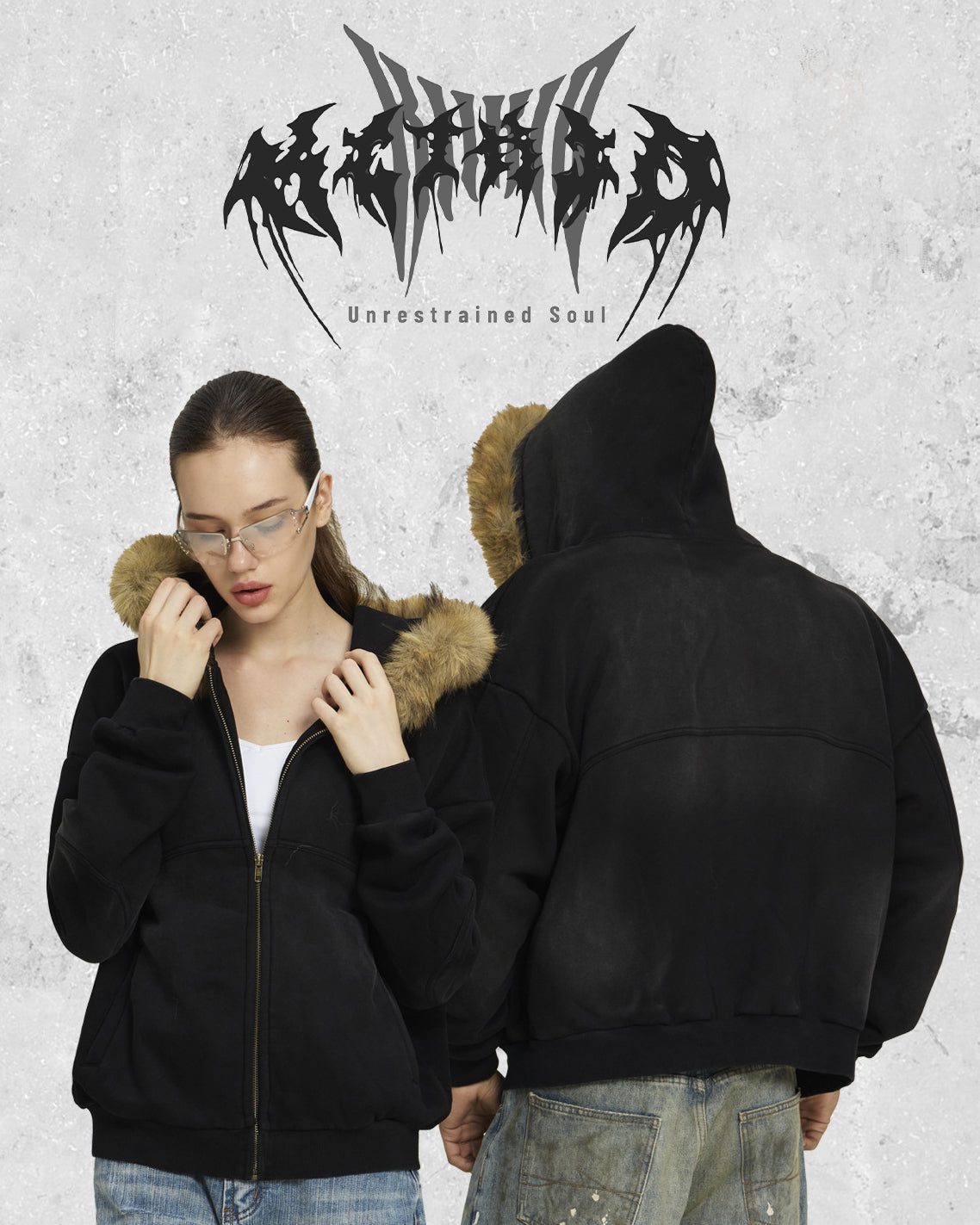 Boxy Zip Fur Collar Hoodie