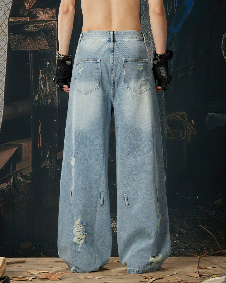 Punk Double-Knee Cutout Washed Denim Pants