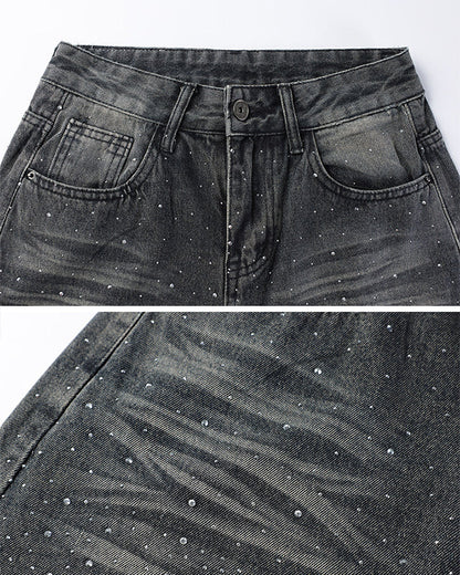 Washed Rhinestone Balloon Leg Jeans
