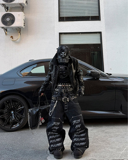 Double Waist Script Denim Pants