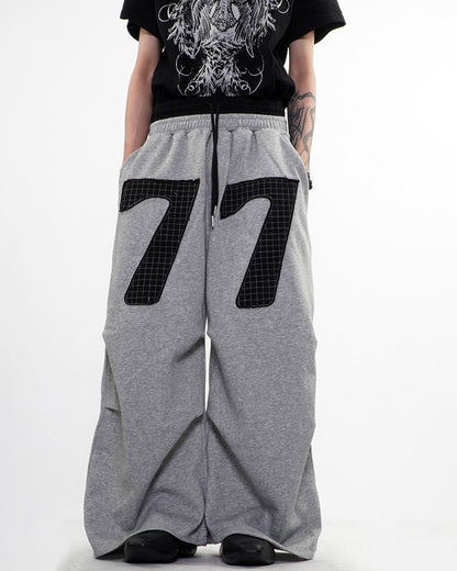 Double Waistband Number Patch Wide Leg Sweatpants