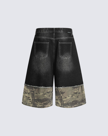 New Washed Black Camo Patchwork Shorts