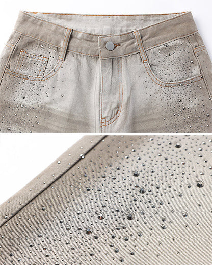 Khaki Washed Rhinestone Balloon Leg Jeans