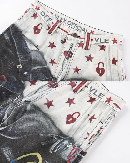 Print Denim Illusion Wide-Leg Pants