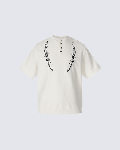 Vintage Embroidered Henley Short Sleeve Tee